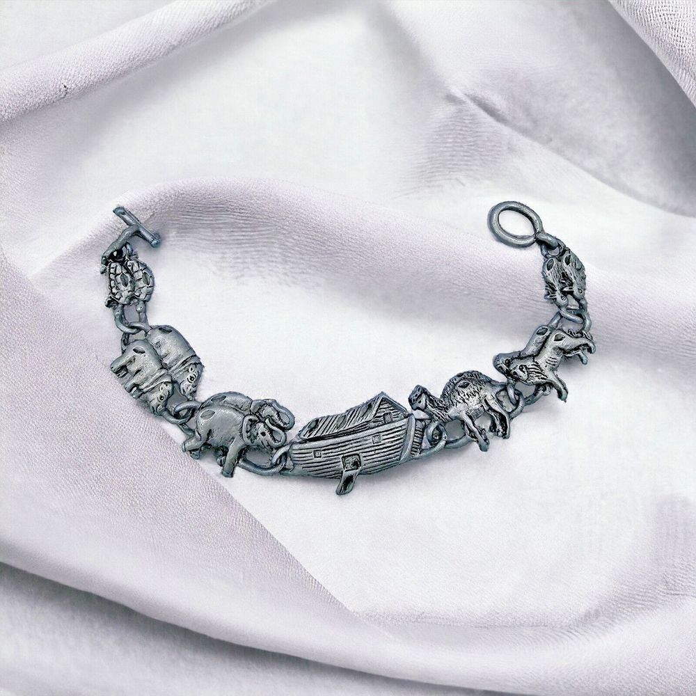 Noah's Ark Bracelet Vintage Charm Pewter Christian Religious Bible Story Jewelry
